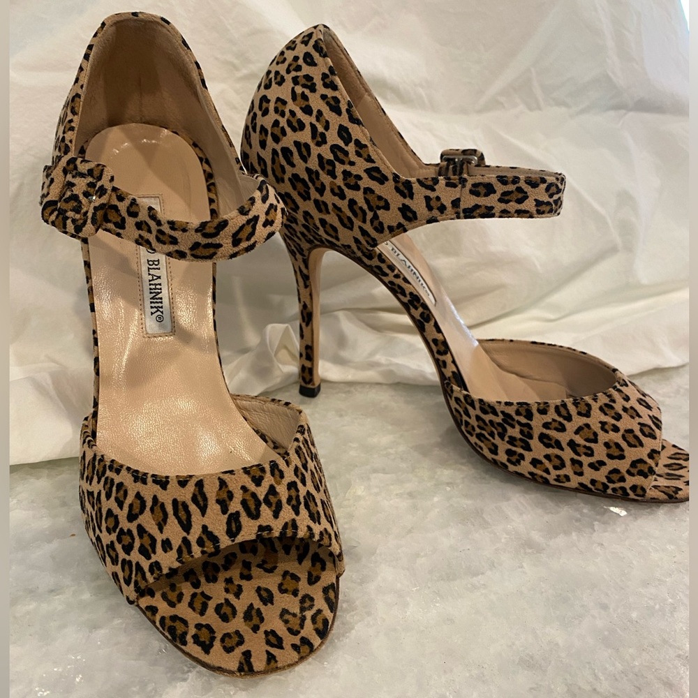 Manolo Blahnik leaopard heeled sandals